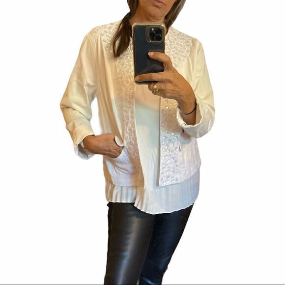 CHICO’S PLATINUM White Embellished Cotton Blazer Jacket.Size 1 - Picture 14 of 15